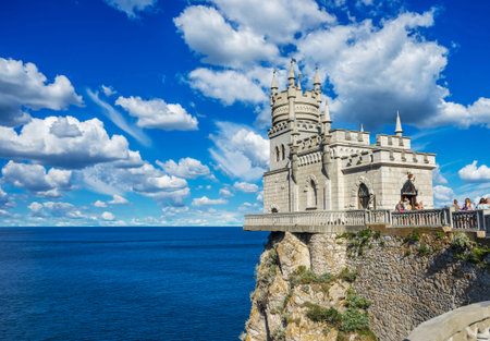 Castle Swallow's Nest in Crimea in Russia against the background of the cloudy skyの写真素材