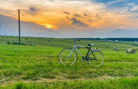 Old bicycle on a field of mown grass at sunsetの写真素材