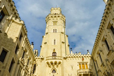 Czech Republic, Hluboka nad Vltavou - September 21, 2017. The Tower of the Castle of Hluboka in the Czech Republic. Czech Windsor. Medieval fortress. The inner courtyard. The Castle of Schwarzenbergのeditorial素材