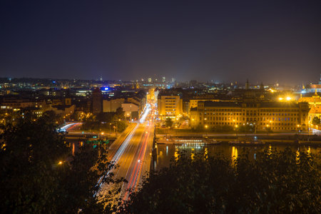 Night Prague. View from the Leten gardens. Light trails from cars. Shtefanikov Bridgeの写真素材