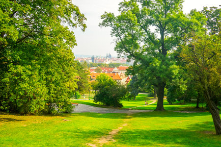 Petrin garden in autumn in Prague, Czech Republic. View of the Prague Castle from the Petrin Gardenの写真素材
