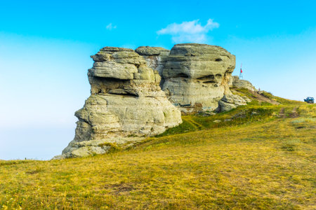 Rocks on top of Demerdzhi Mountain at sunset, in summer, in Crimea, in Russiaの写真素材