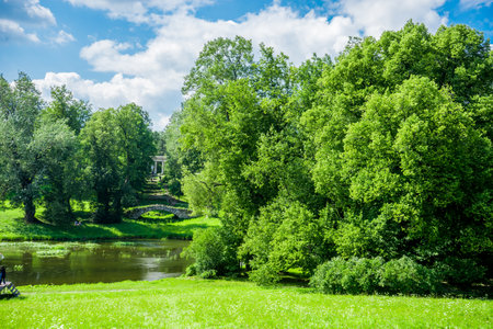 Old Russian Imperial Park and the river near St. Petersburg. Russia
