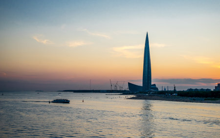 The highest skyscraper in Europe at sunset in St. Petersburg in the summer. Russiaのeditorial素材