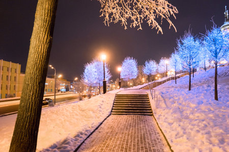 Christmas and New Year illuminations on the slope in front of the temple in Izhevsk. Russiaの写真素材
