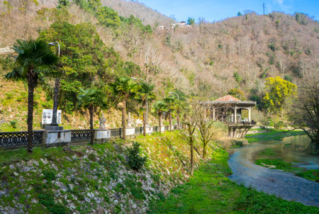 Old railway and abandoned pavilion of the station in New Athos in Abkhaziaの写真素材