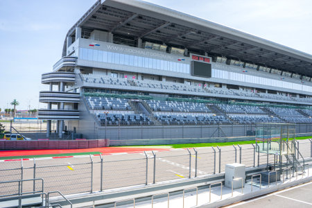 Russia, Sochi - March 03, 2019. The main tribunes of Formula 1. View from the balcony on which the award ceremonyのeditorial素材
