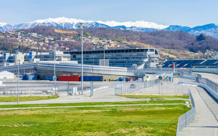 Russia, Sochi - March 03, 2019. The main tribune of the Formula 1 trackのeditorial素材