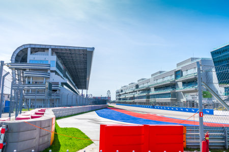Russia, Sochi - March 03, 2019. The main tribune of the Formula 1 track and Paddockのeditorial素材