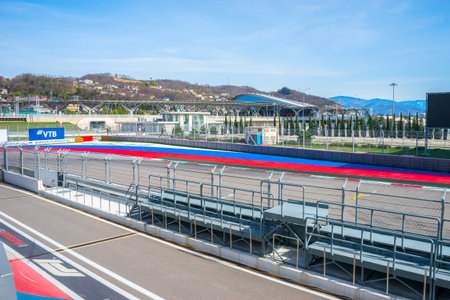 Russia, Sochi - March 03, 2019. A sharp turn on the track of formula 1 in front of the main standsのeditorial素材