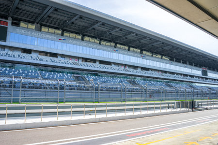 Russia, Sochi - March 03, 2019. Main tribune of Formula 1. View from the pit laneのeditorial素材