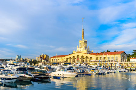 Russia, Sochi - March 05, 2019. Yachts and boats anchored in the port of Sochi. Russia.のeditorial素材
