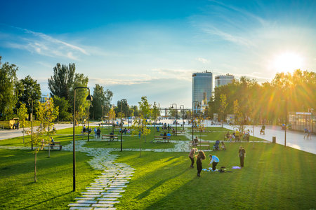 Russia, Izhevsk - July 30, 2021. Sunlit central square of the capital of Udmurtia