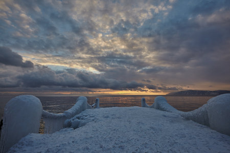 evening pier in ice