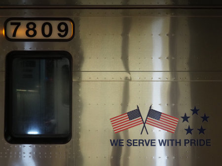 New York, USA - June 3, 2019: Detailed view of an MTA LIRR train.のeditorial素材