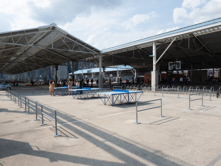 New York, USA - May 31, 2019: Table tennis facilities at the Brooklyn Bridge Park Pier 2 in...