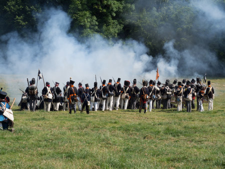 Waterloo, Belgium - June 18 2017: Allied forces fire their muskets during the re-enactment of the Battle of Waterloo.のeditorial素材