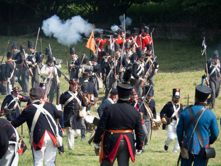 Waterloo, Belgium - June 18 2017: Allied forces fire their muskets during the re-enactment of the...