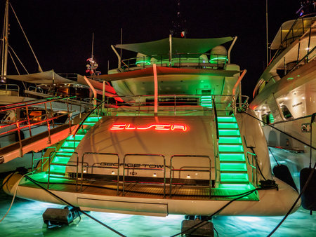 Saint Tropez, France - august 9 2017: A view of the docked yachts in the port of Saint Tropez late in the evening.のeditorial素材