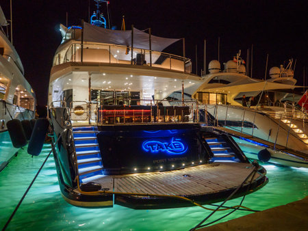 Saint Tropez, France - august 9 2017: A view of the docked yachts in the port of Saint Tropez late in the evening.のeditorial素材