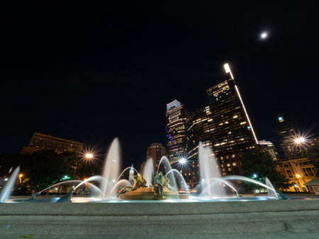 Philadelphia, USA - June 11, 2019: Long exposure image taken during the evening of the Swann Memorial Fountain.のeditorial素材