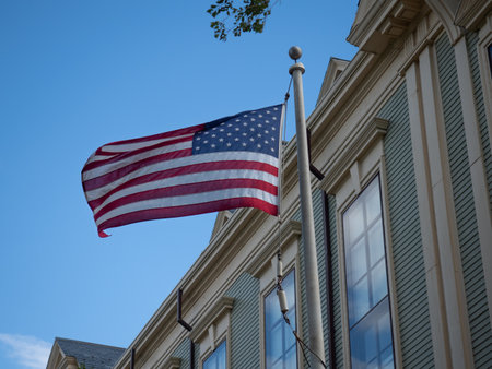 American flag waving in Provincetown, Massachusetts.の写真素材