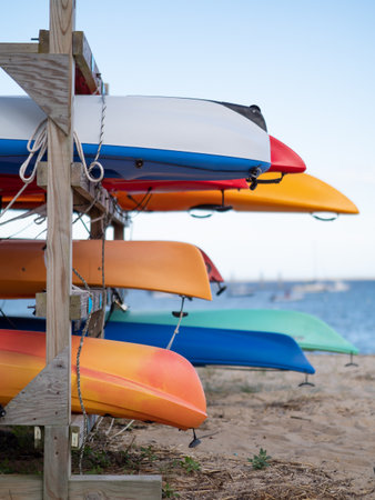 Image of kayaks stored on the beach.の写真素材