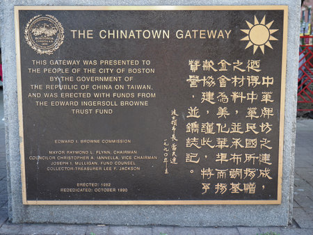 Bronze plate near the Chinatown Gateway in Boston.のeditorial素材