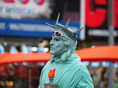 A man posing as the Statue of Liberty near Times Square.のeditorial素材