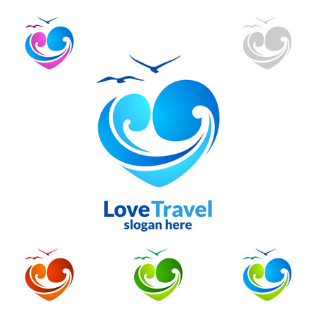 Abstract Travel and Tourism Logo with Love, Sea,and Beach shape in stylish Colors of Hotel and vacation   Isolated on white background vector illustrationのイラスト素材