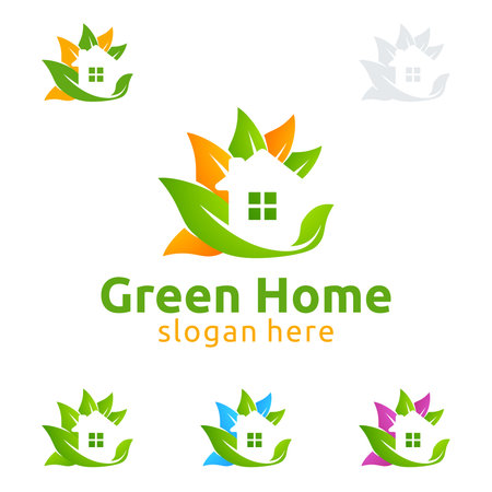 Green Home icon , Real Estate vector icon design with House and ecology shape, isolated on white backgroundのイラスト素材