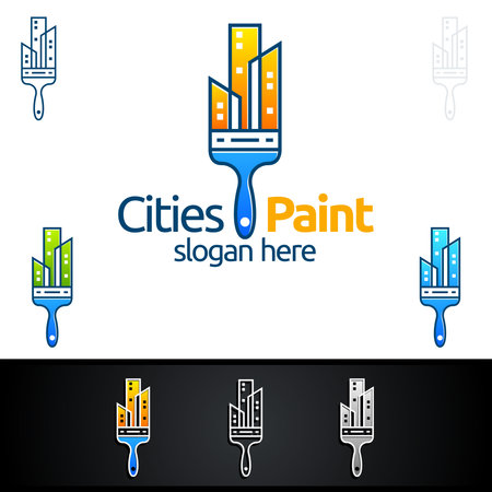 Painting Vector Logo Design with paintbrushes and city silhouette.のイラスト素材