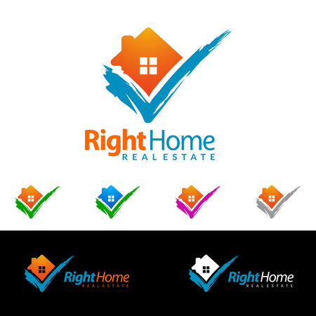 Check home, real estate vector icon design. Simple realty with check line and roof represented strong, right, correct, target and modern real estate.のイラスト素材