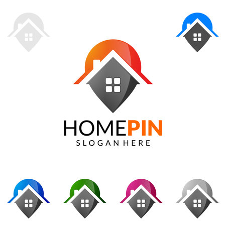 Pin home, real estate vector icon design, abstract building and home with line shape represented unique, strong and modern real estate icon design.のイラスト素材