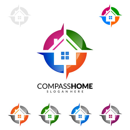 Compass and home real estate vector icon design. Abstract building and home with line shape represented unique, strong and modern real estate icon design.のイラスト素材