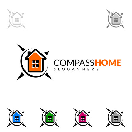 Compass and home real estate vector icon design. Abstract building and home with line shape represented unique, strong and modern real estate icon design.のイラスト素材