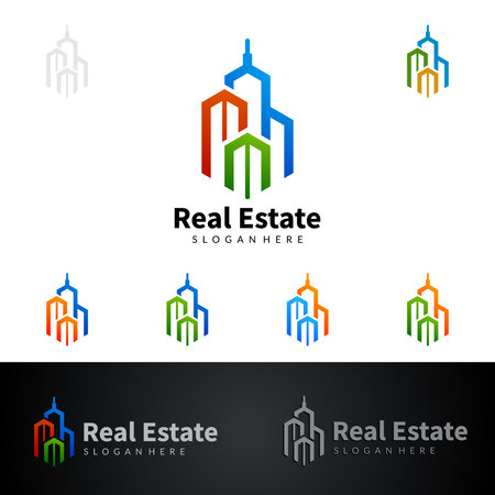 Real estate vector icon design, abstract building and home with line shape represented unique, strong and modern real estate icon design.のイラスト素材