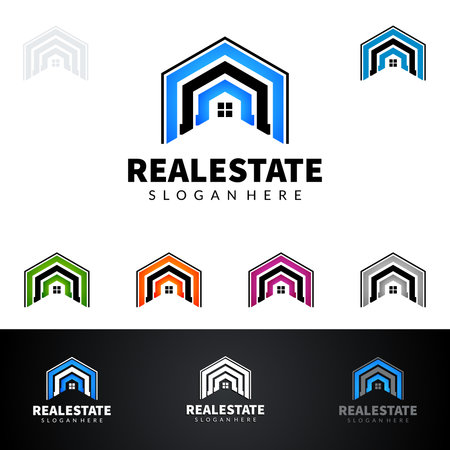 Real estate vector icon design, abstract building and home with line shape represented unique, strong and modern real estate icon design.のイラスト素材