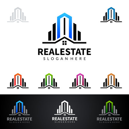 Real estate vector icon design, abstract building and home with line shape represented unique, strong and modern real estate icon design.のイラスト素材