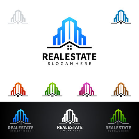 Real estate vector icon design, abstract building and home with line shape represented unique, strong and modern real estate icon design.のイラスト素材