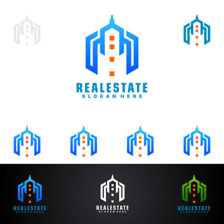 Real estate vector icon design, abstract building and home with line shape represented unique, strong and modern real estate icon design.のイラスト素材