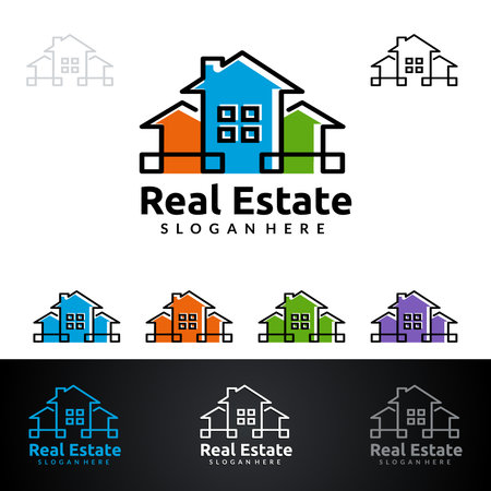 Real estate vector icon design, abstract building and home with line shape represented unique, strong and modern real estate icon design.のイラスト素材