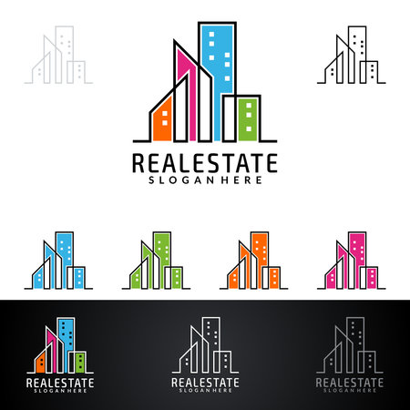 Real estate vector icon design, abstract building and home with line shape represented unique, strong and modern real estate icon design.のイラスト素材