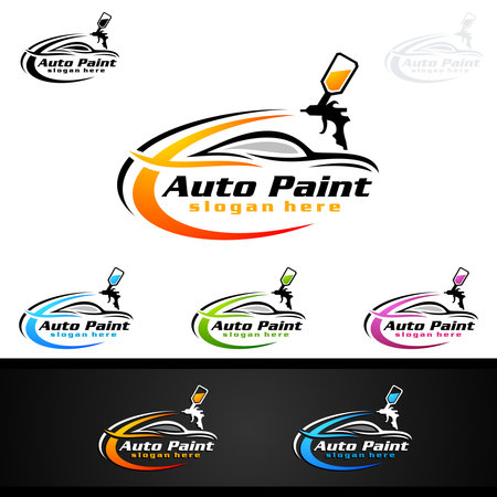 Car Painting Logo with Spray Gun and Sport Car Concept