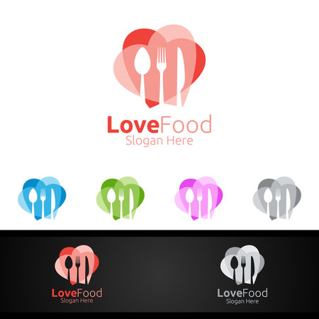 Healthy Food Logo Template. Organic Vector Design.for Menu Restaurant or Cafe, Fork, Spoon and leaves Conceptのイラスト素材