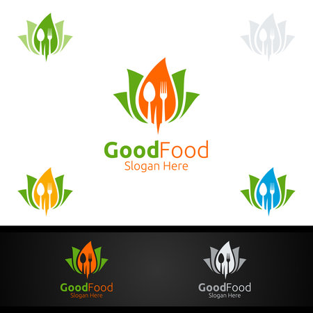 Healthy Food Logo Template. Organic Vector Design.for Menu Restaurant or Cafe, Fork, Spoon and leaves Conceptのイラスト素材