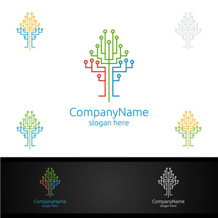 Tree Technology Logo with Wires it and electronic cable, Connection Pixel Mobile Conceptのイラスト素材