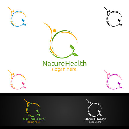 Organic Health Care Medical Logo with Human and Leaf Character for Therapy, Wellness, Spa, Education, Nutrition, or Fitness Conceptのイラスト素材