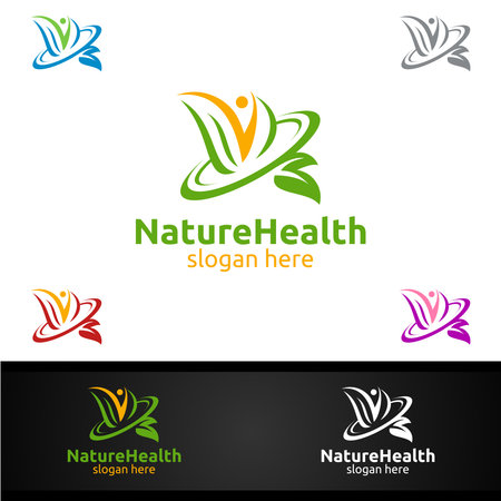 Organic Health Care Medical Logo with Human and Leaf Character for Therapy, Wellness, Spa, Education, Nutrition, or Fitness Conceptのイラスト素材