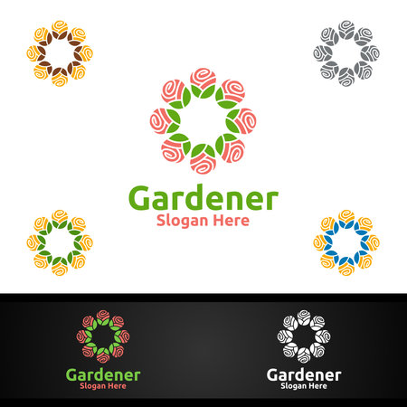 Flower Gardener Logo with Green Garden Environment or Botanical Agriculture Designのイラスト素材